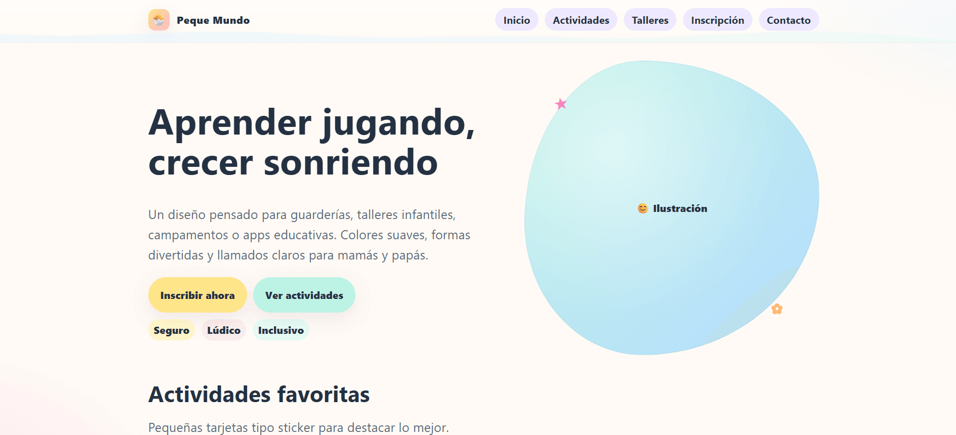 Landing infantil con colores pastel y formas suaves